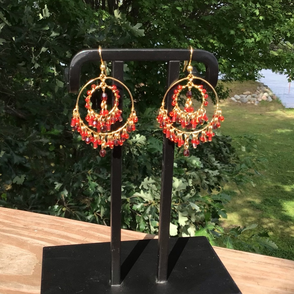 Elegant Gold and Red Dangle Earrings